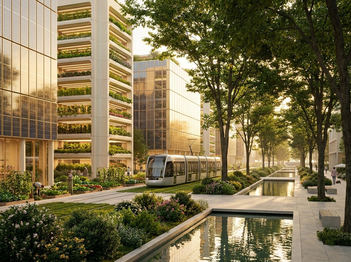 Ground level inside a thriving green city block: a vertical farm tower beside solar-glass facades, residents' gardens, water and trees, a clean autonomous transit line.