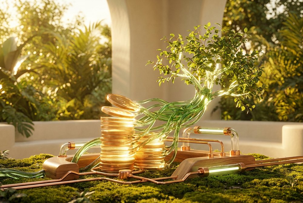 Stacked luminous gold coins dissolving upward into a sprouting green tree of light.