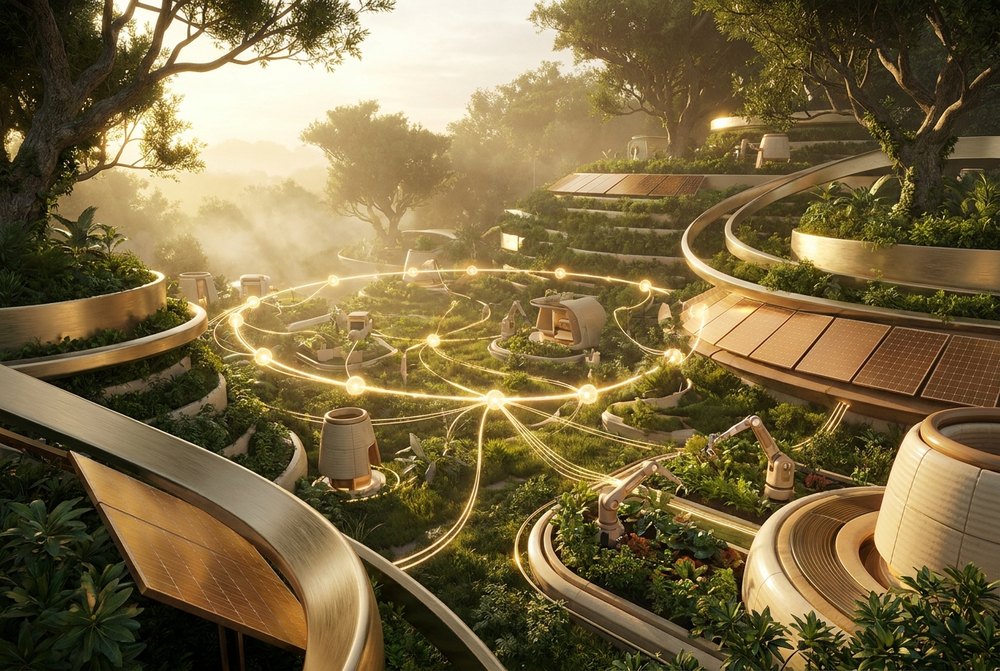 A warm circle of glowing gold nodes connected across a green landscape, a network of builders.