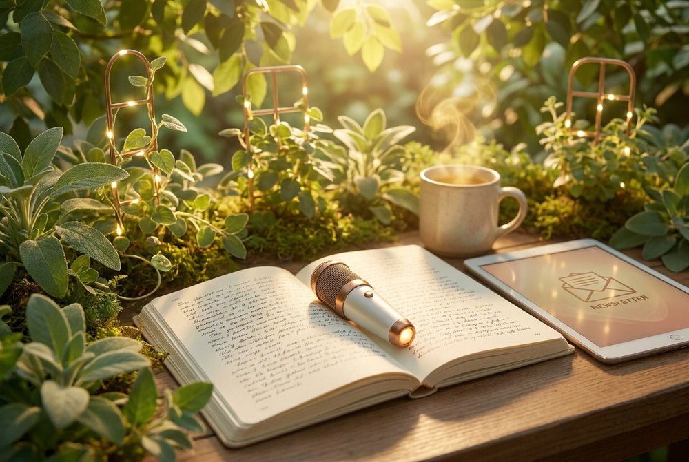 An open journal and a softly glowing microphone among green leaves and warm gold light.