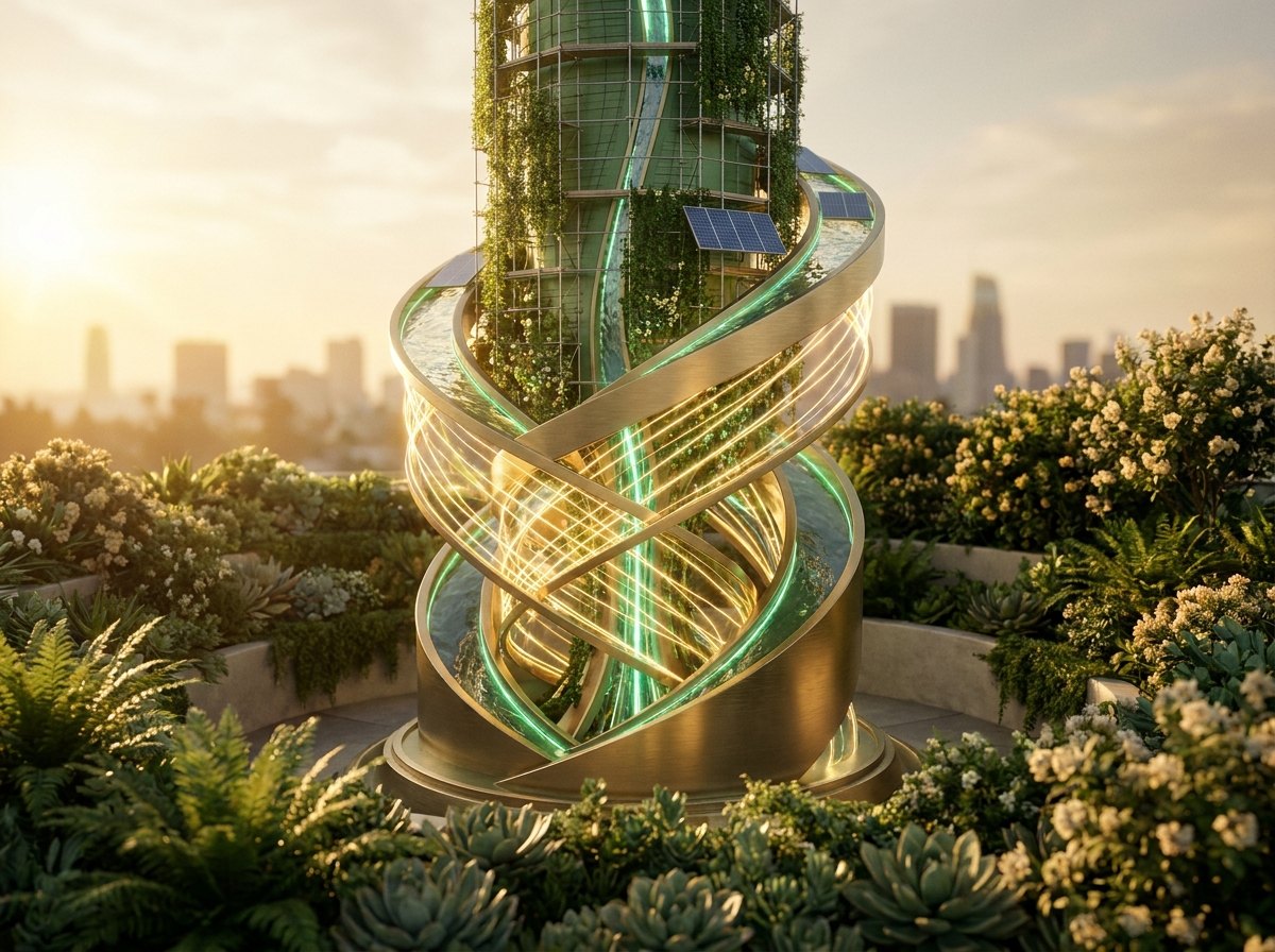 An abstract visualization of an economic engine that builds cities: golden capital and clean-energy currents spiraling up into the foundations of a rising green tower.