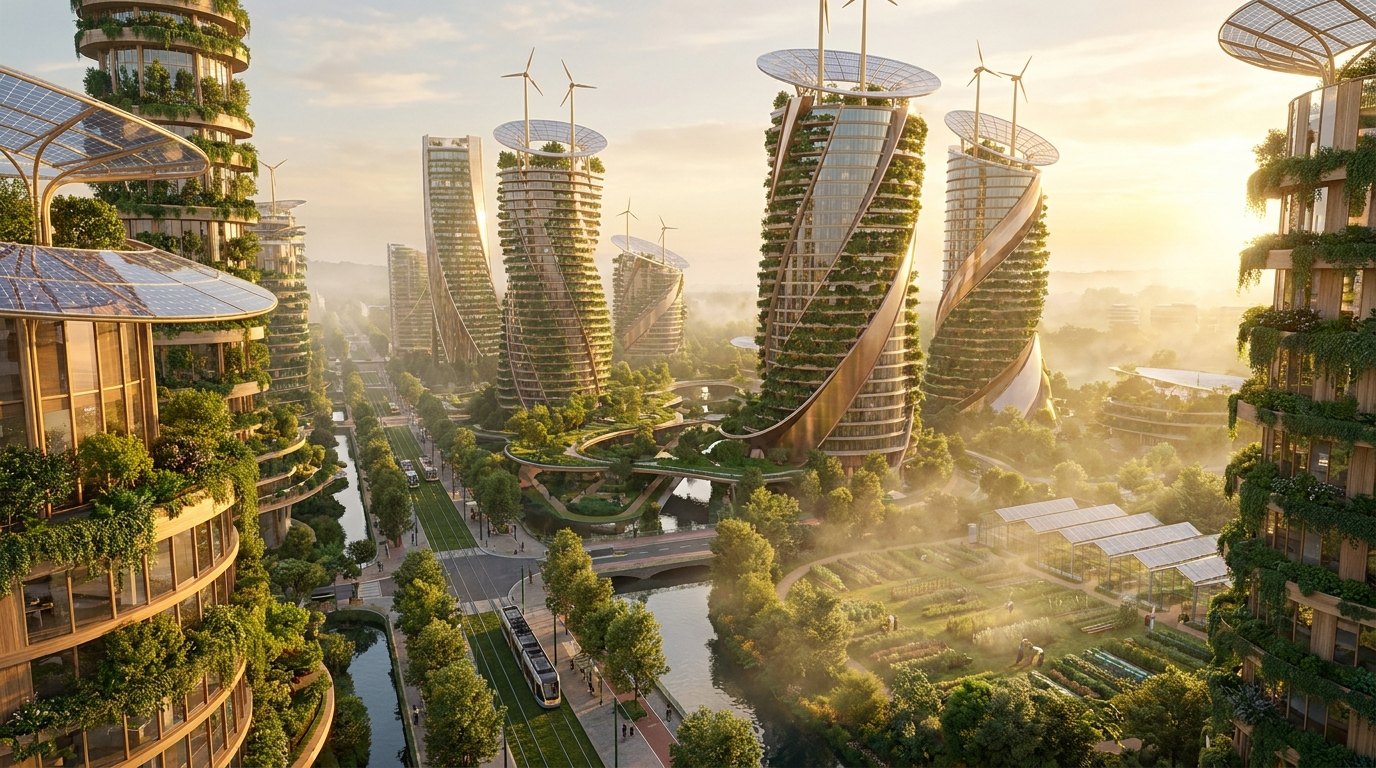 An aerial view of a self-sufficient future city at golden hour, with towers wrapped in vertical farms and gardens, solar canopies, tree-lined boulevards and clean waterways.