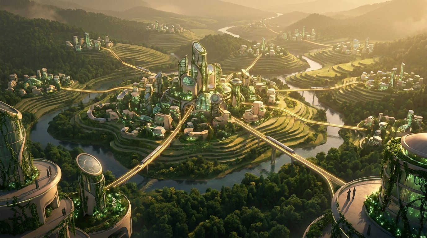 A network of luminous green cities connected by glowing golden lines across a verdant landscape at dusk, like a constellation of living settlements.