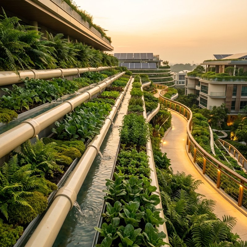 Terraced vertical farming and clean irrigation channels in warm sunlight.