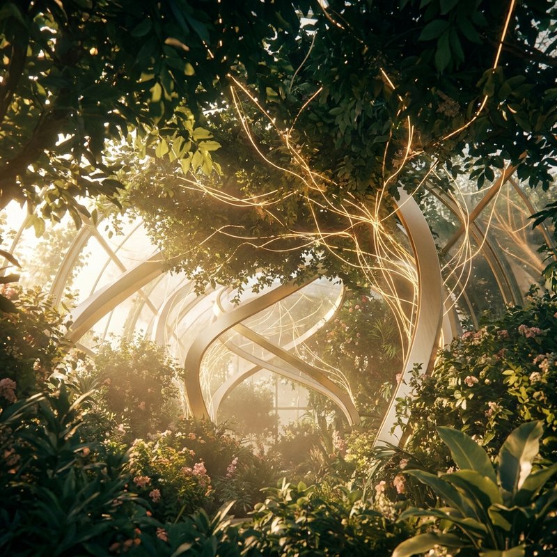 A glowing gold neural network woven through living green leaves.