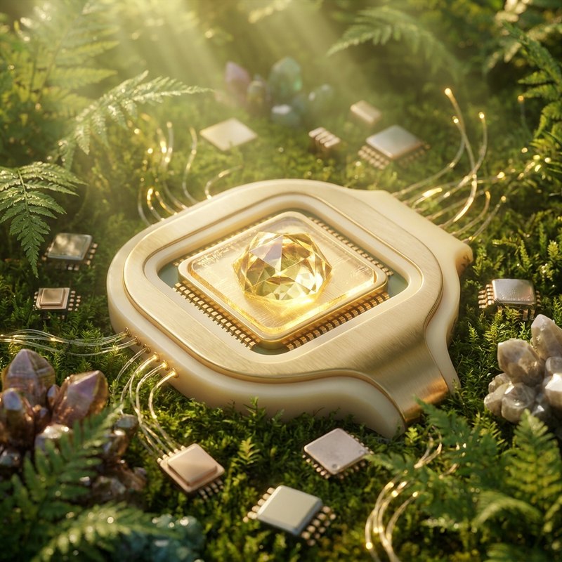 A glowing gold microchip and a faceted quantum-crystal element against soft green light.