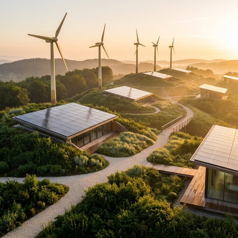 Solar panels and wind turbines among green hills glowing gold at sunrise.