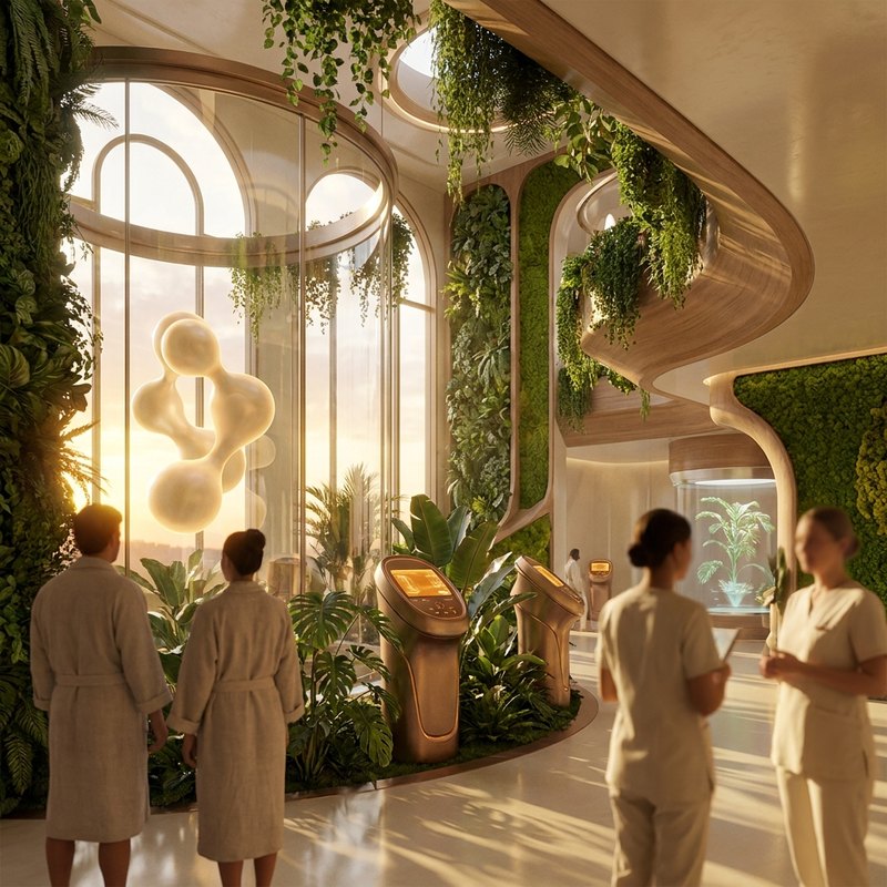 A serene futuristic healthcare space full of natural light and greenery.