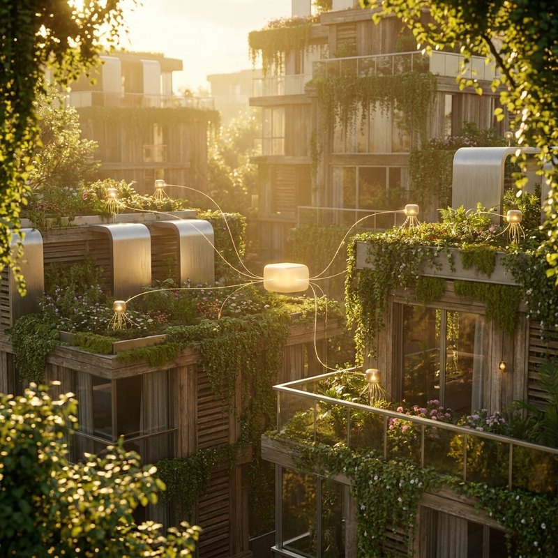 Luminous gold sensor nodes connected by light threads across a green smart-garden.