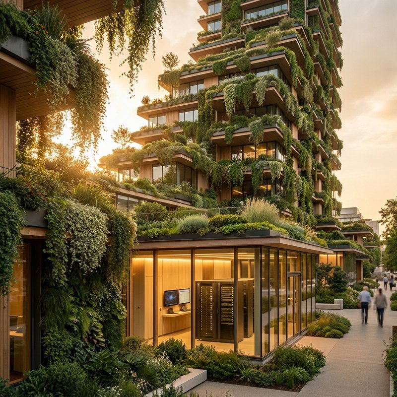 A green high-rise with hanging gardens beside a glowing data-center hall in warm light.