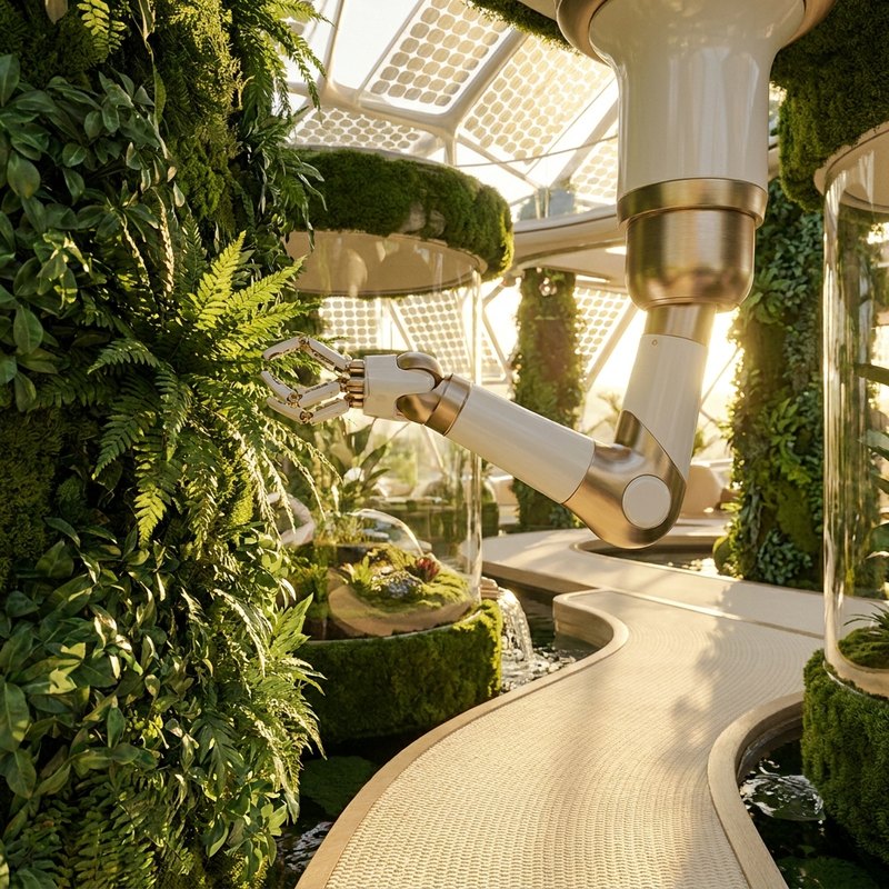 A clean white-and-gold robotic arm tending a lush green vertical garden.