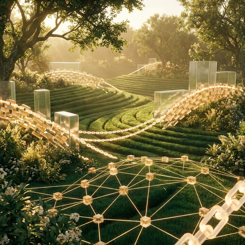 An abstract lattice of interlocking golden blocks and chains of light over a green field.