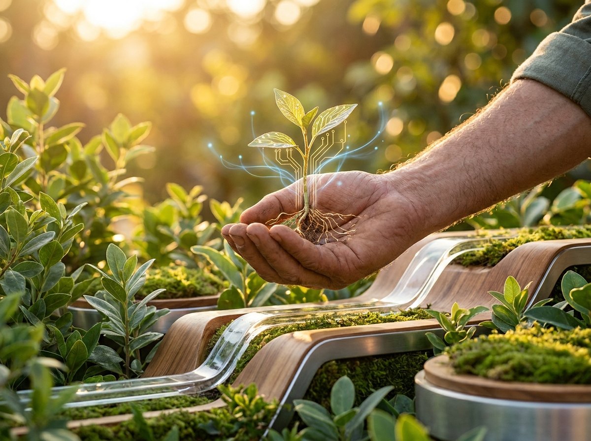 A hand cupping a glowing green seedling whose roots and leaves trace fine lines of light, the idea of building something living from the ground up.